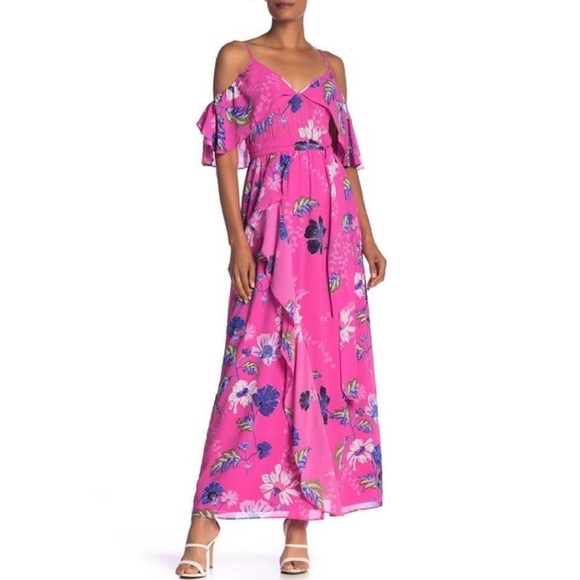 RACHEL Rachel Roy Dresses & Skirts - Rachel Rachel Roy Pink Floral Cold Shoulder Ruffled Maxi Dress Sz 4